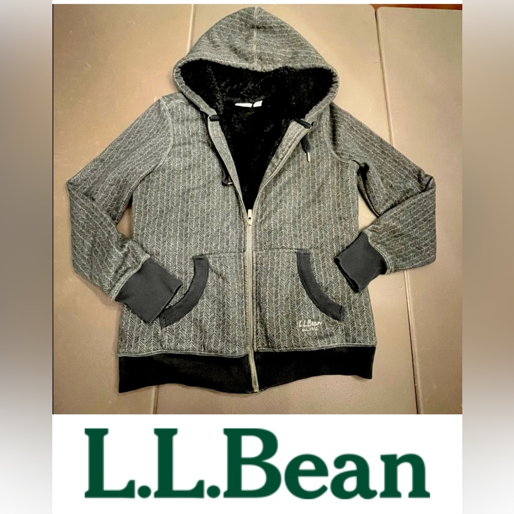 L.L. Bean Hoodie Sherpa Lined Women’s XS / S Black Charcoal Gray Geometric Thick